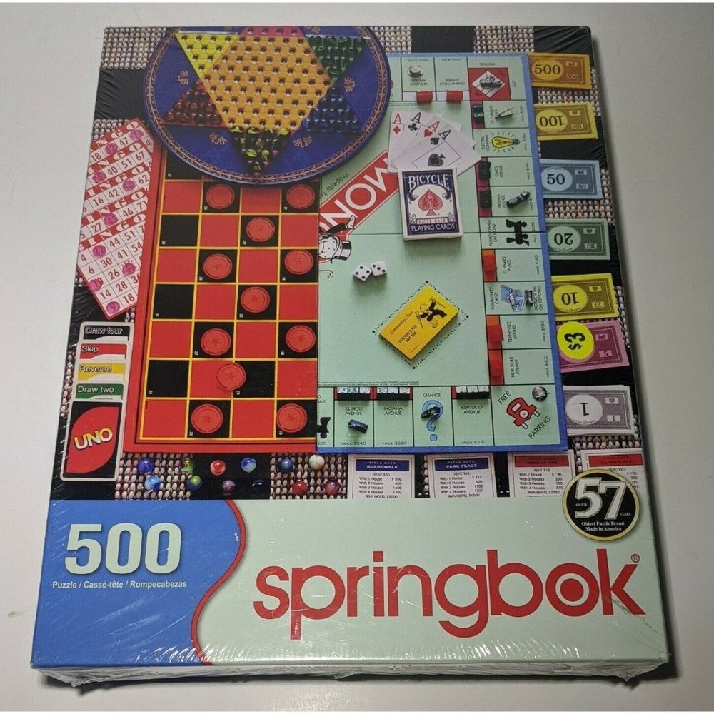 Springbok Puzzle 500 New Sealed Featuring Monopoly Checkers Uno Bingo Marbles
